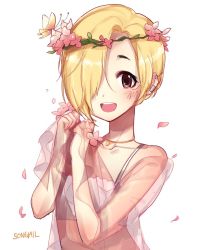 Rule 34 | 10s, 1girl, bad id, bad twitter id, bags under eyes, bare shoulders, blonde hair, blush, brown eyes, collarbone, commentary request, ear piercing, earrings, flower, hair flower, hair ornament, hair over one eye, head wreath, idolmaster, idolmaster cinderella girls, jewelry, looking at viewer, necklace, open mouth, piercing, see-through, shirasaka koume, short hair, simple background, sleeves past wrists, smile, solo, songmil, upper body, white background