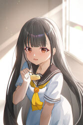 Rule 34 | 1girl, absurdres, black hair, blush, brown eyes, brown sailor collar, brown serafuku, chopsticks, dress, food, highres, holding, holding chopsticks, indoors, leaning forward, long hair, looking at viewer, make heroine ga oo sugiru!, neckerchief, nukumizu kaju, omelet, open mouth, sailor collar, sailor dress, school uniform, serafuku, short sleeves, solo, straight hair, usagi (786113654), very long hair, white dress, window, yellow neckerchief