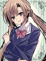 Rule 34 | 1girl, blazer, blue background, blue jacket, bow, bowtie, brown eyes, brown hair, commentary request, jacket, long hair, low twintails, parted bangs, red bow, red bowtie, sakuya (sister princess), school uniform, sister princess, smile, solo, striped background, twintails, upper body, yuzuchi (yuchiyduchi)