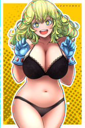 Rule 34 | 1girl, :d, absurdres, artist name, black bra, black panties, blonde hair, blue eyes, blue gloves, blush, boku no hero academia, border, bra, breasts, cleavage, curvy, gloves, hagakure tooru, hands up, highres, lace, lace-trimmed bra, lace-trimmed panties, lace trim, large breasts, looking at viewer, multicolored eyes, navel, open mouth, panties, polka dot, polka dot background, smile, solo, stomach, teeth, thick eyelashes, underwear, underwear only, unusually visible, upper teeth only, uzzy2801, wavy hair, white border, wide hips, yellow eyes