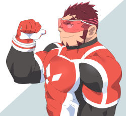 Rule 34 | 1boy, absurdres, akashi (live a hero), bara, bodysuit, facial hair, from side, goatee, highres, large pectorals, live a hero, long sideburns, male focus, mature male, multicolored hair, muscular, muscular male, pectorals, pink hair, pointing, pointing at self, red bodysuit, red eyes, red hair, ruizu (takakisan503), short hair, sideburns, skin tight, smile, solo, streaked hair, thick eyebrows, upper body