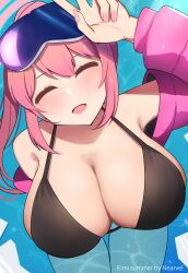 Rule 34 | 1girl, absurdres, bikini, black bikini, blue archive, breasts, cleavage, eimi (blue archive), eimi (swimsuit) (blue archive), fingernails, goggles, halo, highres, jacket, large breasts, nearvel, ocean, open clothes, open jacket, outdoors, pink eyes, pink hair, pink jacket, ski goggles, solo, swimsuit