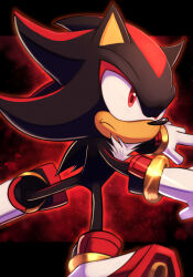 Rule 34 | 1boy, absurdres, animal ears, animal nose, black fur, body fur, closed mouth, furry, furry male, gloves, gold ring, highres, jewelry, red eyes, red fur, shadow the hedgehog, shoes, silverchariotx, solo, sonic (series), two-tone fur, white gloves