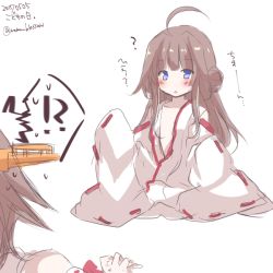 Rule 34 | 10s, 2girls, age regression, aged down, ahoge, bad id, bad pixiv id, bare shoulders, blue eyes, blush, child, hairband, hiei (kancolle), kantai collection, kongou (kancolle), long hair, multiple girls, no headwear, nontraditional miko, oversized clothes, oversized object, sakura romu, short hair, sketch, translation request