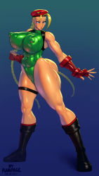 Rule 34 | 1girl, ahoge, bare legs, beret, black legwear, blonde hair, blush, boots, braid, breasts, cammy white, capcom, covered erect nipples, green leotard, hat, highleg, highleg leotard, leotard, lips, long hair, looking at viewer, rampage (leedash2), red hat, shiny skin, simple background, smile, solo, standing, street fighter, street fighter ii (series), thighs, thong leotard, twin braids, very long hair