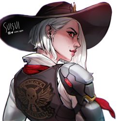 Rule 34 | 1girl, armor, ashe (overwatch), asymmetrical hair, bowler hat, commentary, cowboy hat, earrings, english commentary, from behind, hat, highres, jewelry, lips, lipstick, looking back, makeup, mole, mole above mouth, nose, overwatch, overwatch 1, pauldrons, red eyes, red lips, shirt, shoulder armor, single pauldron, skull earrings, solo, suisui again, twitter username, vest, white shirt