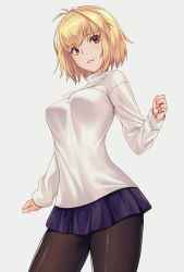 Rule 34 | 1girl, antenna hair, arcueid brunestud, black pantyhose, blonde hair, breasts, commentary request, cowboy shot, highres, long sleeves, looking at viewer, medium breasts, miniskirt, pantyhose, parted lips, pleated skirt, purple skirt, red eyes, short hair, simple background, skirt, smile, solo, sweater, takanashi-a, tsukihime, tsukihime (remake), white background, white sweater
