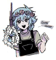 Rule 34 | 1boy, alternate eye color, basil (headspace) (omori), basil (omori), black eyes, black overalls, english text, flower, green hair, head wreath, looking at viewer, niu tata, noose, omori, open mouth, overalls, shirt, short hair, short sleeves, simple background, smile, solo, speech bubble, teeth, upper body, upper teeth only, white background, yellow shirt