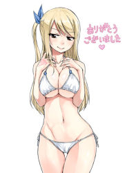 Rule 34 | 1girl, blonde hair, breasts, brown eyes, cleavage, fairy tail, large breasts, long hair, looking at viewer, lucy heartfilia, mashima hiro, navel, official art, smile, solo, standing, swimsuit