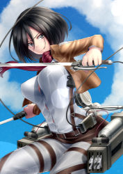 Rule 34 | 1girl, black eyes, black hair, blue sky, bouncing breasts, breasts, cable, cloud, day, dual wielding, hair between eyes, holding, holding sword, holding weapon, jacket, kai (link2262), large breasts, long sleeves, looking at viewer, machinery, mikasa ackerman, necktie, open clothes, open jacket, pants, red necktie, red scarf, scarf, serious, shingeki no kyojin, short hair, sky, solo, sword, thigh strap, three-dimensional maneuver gear, weapon, wire