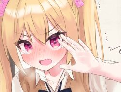 Rule 34 | 1girl, arm up, blonde hair, blue bow, blue bowtie, blush, bow, bowtie, breath, brown vest, cropped, embarrassed, fang, female focus, hair ornament, hair scrunchie, long hair, looking at viewer, nose blush, open mouth, original, pink scrunchie, portrait, red eyes, school uniform, scrunchie, shirt, short sleeves, sidelocks, simple background, skin fang, solo, sweater vest, tears, trembling, twintails, urabe miyabi, v-shaped eyebrows, vest, white background, white shirt