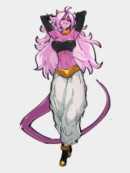 Rule 34 | 1girl, android 21, arms behind back, arms up, black footwear, black gloves, black sclera, black tube top, breasts, choker, colored sclera, colored skin, commentary request, dragon ball, dragon ball fighterz, dragonball z, female majin, gloves, harem pants, kemachiku, majin android 21, midriff, navel, pants, pink hair, pink skin, pointy ears, red eyes, small breasts, solo, spiked hair, strapless, tail, tube top, white hair, white pants, yellow choker
