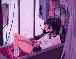 Rule 34 | 1girl, artist name, bandages, bandaid, bandaid on face, bandaid on knee, bandaid on leg, bandaid on nose, bathtub, black choker, black hair, black shorts, building, cable, choker, clothes writing, commentary, english commentary, hair ornament, hairclip, heart, highres, indoors, leg hold, long hair, looking outside, marmaladica, original, pill, shirt, short sleeves, shorts, skyscraper, solo, stereo, t-shirt, tile wall, tiles, twintails, white shirt, window, x hair ornament