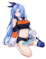 Rule 34 | 1girl, absurdres, black shorts, blue eyes, blue hair, blue ribbon, borrowed character, breasts, clothing cutout, commentary, crop top, hair ribbon, highres, large breasts, long hair, long sleeves, looking at viewer, midriff, bae minah (chaesu), navel, original, ribbon, seiza, short shorts, shorts, shoulder cutout, simple background, sitting, solo, stomach, thighs, very long hair, white background, yoru (yowuyoru)