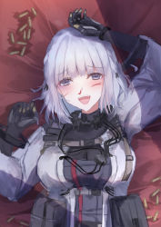 Rule 34 | 1girl, absurdres, blood, blood on face, blush, breasts, commentary request, girls&#039; frontline, gloves, grey hair, highres, injury, long hair, looking at viewer, lying, martinreaction, on back, open mouth, purple eyes, rpk-16 (girls&#039; frontline), shell casing, short hair, smile, solo, tactical clothes, teeth, upper teeth only