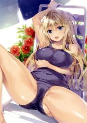 Rule 34 | 1girl, absurdres, arm up, armpits, bare shoulders, beach chair, beach umbrella, blonde hair, blue eyes, breast hold, breasts, chair, covered navel, flower, highres, large breasts, long hair, looking at viewer, lying, on back, one-piece swimsuit, open mouth, original, oryo (oryo04), scan, school swimsuit, shiny skin, smile, solo, spread legs, sweat, swimsuit, umbrella