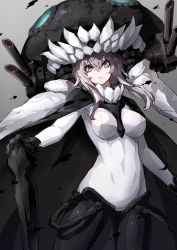 Rule 34 | 1girl, abyssal ship, aqua eyes, black gloves, bodysuit, breasts, cannon, cape, cowboy shot, gloves, gradient background, grey background, headgear, highres, holding, kantai collection, long hair, looking at viewer, medium breasts, pale skin, parted lips, ramuya (lamb), silver hair, solo, wo-class aircraft carrier