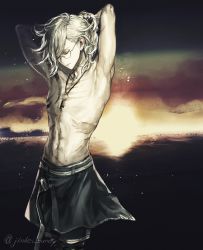 Rule 34 | 1boy, arms up, bishounen, edmond dantes (fate), closed eyes, fate/grand order, fate (series), glasses, highres, jewelry, key, key necklace, koshika rina, male focus, necklace, scar, solo, topless male, tying hair, white hair