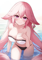 Rule 34 | 1girl, absurdres, animal ears, bare shoulders, bikini, blush, breasts, cleavage, collarbone, crossed bangs, fox ears, fox girl, genshin impact, hair ornament, hand on own chest, highres, large breasts, long hair, looking at viewer, o-ring, o-ring bikini, partially submerged, pink eyes, pink hair, poinia, smile, swimsuit, thighs, very long hair, water, yae miko