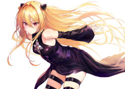 Rule 34 | 1girl, arms behind back, arms up, bare shoulders, belt, bent over, black belt, black cape, black dress, blonde hair, blush, cape, cleavage cutout, clothing cutout, colored skin, commentary, cowboy shot, detached sleeves, dress, extra ears, hair between eyes, highres, ikuchan kaoru, konjiki no yami, long hair, looking at viewer, multicolored skin, red eyes, revision, simple background, skindentation, solo, standing, staring, thigh strap, thighs, to love-ru, to love-ru darkness, torn cape, torn clothes, very long hair, white background, wide sleeves