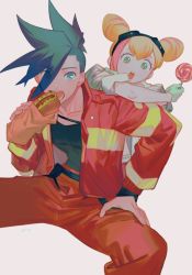 Rule 34 | 1boy, 1girl, bad id, bad twitter id, blonde hair, blue eyes, blue hair, candy, cone hair bun, double bun, eating, food, galo thymos, gloves, goggles, hair bun, highres, hot dog, jacket, lab coat, leaning on person, lollipop, lucia fex, multicolored hair, open mouth, pofu31, promare, spiked hair, two-tone hair