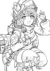 Rule 34 | 1girl, :d, armored boots, belt, blush, boots, braid, braided ponytail, chime (nikke), fingerless gloves, gloves, goddess of victory: nikke, greyscale, helmet, monochrome, open mouth, shorts, smile, solo, squatting, sweater, thigh belt, thigh strap, thighhighs, yougenko