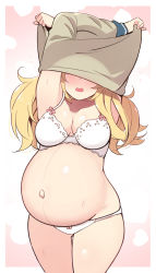 Rule 34 | 1girl, absurdres, arms up, blonde hair, blush, bra, breasts, collarbone, cowboy shot, flying sweatdrops, gambier bay (kancolle), groin, highres, kantai collection, large breasts, long hair, long sleeves, navel, open mouth, panties, pregnant, solo, suzuki toto, twintails, underwear, undressing, white bra, white panties