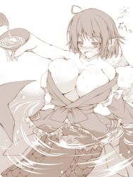 Rule 34 | 1girl, ahoge, alcohol, areola slip, bad id, bad pixiv id, bare shoulders, blush, breasts, collarbone, cup, drunk, fins, fish tail, ginzake (mizuumi), greyscale, head fins, hiccup, japanese clothes, kimono, large breasts, long sleeves, mermaid, monochrome, monster girl, no bra, nose blush, off shoulder, open mouth, partially submerged, pouring, sakazuki, sake, sash, short hair, solo, squeans, sweat, tail, touhou, wakasagihime