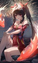 Rule 34 | 1girl, absurdres, amelcia (pyj5341t), bare shoulders, black hair, commentary, detached sleeves, dress, fireworks, fox mask, highres, honkai: star rail, honkai (series), knee up, koi, long hair, looking at viewer, mask, mask on head, mole, mole under each eye, mole under eye, multiple moles, night, night sky, open mouth, red dress, red sleeves, sitting, sky, sleeveless, sleeveless dress, smile, solo, sparkle (honkai: star rail), twintails