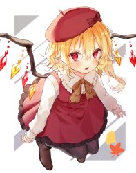 Rule 34 | 1girl, adapted uniform, argyle, argyle clothes, argyle legwear, beret, black pantyhose, blonde hair, bow, brown footwear, fang, flandre scarlet, hair between eyes, hat, hat bow, hi o kawa, highres, leaf, long hair, long sleeves, looking at viewer, pantyhose, pointy ears, red bow, red eyes, red hat, red skirt, red vest, shirt, shoes, side ponytail, skirt, skirt set, solo, touhou, vest, white background, white shirt, wings, yellow neckwear