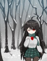 Rule 34 | 1girl, absurdres, ahoge, alternate costume, bare tree, black hair, black pantyhose, blush, breasts, breath, cold, commentary, cowboy shot, forest, green scarf, green skirt, grey sweater, hair between eyes, highres, large breasts, long hair, looking at viewer, nature, no wings, one eye closed, open mouth, outdoors, pantyhose, pixel art, plaid, plaid skirt, red eyes, reiuji utsuho, scarf, sechy, skirt, sleeves past wrists, snow, snowing, solo, sweater, third eye, touhou, tree, winter