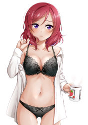 Rule 34 | 1girl, black bra, black panties, bra, breasts, closed mouth, coffee, collarbone, commentary request, cup, hand up, holding, holding cup, love live!, love live! school idol project, medium breasts, navel, nishikino maki, open clothes, open shirt, panties, purple eyes, red hair, shirt, short hair, simple background, solo, suzume miku, underwear, white background, white shirt