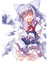 Rule 34 | 1girl, bad id, bad pixiv id, bloomers, blue dress, blue hair, bow, cirno, dress, closed eyes, facing viewer, hair bow, ice, ice wings, open mouth, puffy short sleeves, puffy sleeves, shirt, short sleeves, shunsuke, silver hair, smile, solo, touhou, underwear, wings