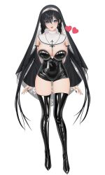 Rule 34 | 1girl, between breasts, black hair, black nails, black sleeves, black thighhighs, blue eyes, bodysuit, boots, braid, breasts, cleavage, collar, detached sleeves, floral print, habit, headdress, heart, highres, jewelry, large breasts, latex, latex bodysuit, mole, mole under eye, myabit, nail polish, necklace, nun, open mouth, original, shiny clothes, shiny skin, smile, solo, standing, thick thighs, thigh boots, thigh gap, thighhighs, thighs, twin braids, virtual youtuber, white background, wide sleeves