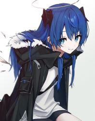 Rule 34 | 1girl, arknights, black jacket, black shorts, blue eyes, blue hair, detached wings, fur-trimmed hood, fur trim, halo, highres, hood, hood down, hooded jacket, horns, jacket, long hair, long sleeves, looking at viewer, mostima (arknights), open clothes, open jacket, parted lips, shirt, shorts, simple background, sitting, solo, tagayasurou, white background, white shirt, wings