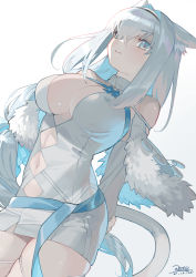 Rule 34 | 1girl, absurdres, animal ear fluff, animal ears, argyle, argyle clothes, argyle cutout, armored boots, bare shoulders, blue bow, blue eyes, blue ribbon, blue thighhighs, blush, boots, bow, breasts, cat ears, cat girl, cat tail, cleavage, clothing cutout, detached collar, detached sleeves, dobrynya nikitich (fate), dress, fate/grand order, fate (series), fur trim, hair bow, hairband, highres, knee boots, large breasts, long hair, looking at viewer, low ponytail, nao (syn eaa), navel, ribbon, short dress, solo, tail, thighhighs, thighs, white dress, white hair