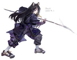 Rule 34 | 1girl, absurdres, animal ears, arknights, black eyes, black hair, blouse, brown footwear, dated, dog ears, facial mark, fighting stance, fingerless gloves, forehead mark, geta, gloves, highres, holding, holding polearm, holding weapon, liangban xiexu, naginata, open mouth, pants, polearm, purple gloves, purple pants, purple shirt, saga (arknights), shirt, simple background, sketch, socks, solo, weapon, white background, white socks