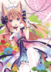 Rule 34 | 1girl, animal ears, bare shoulders, bow, brown hair, candy, chain, choker, cross, dress, flower, food, fork, fox ears, gloves, green eyes, hair bow, hair ornament, headdress, holding, holding fork, jewelry, lollipop, long hair, mouth hold, musou yuchi, necklace, original, pantyhose, red flower, red rose, rose, short dress, sleeveless, solo, white gloves, white pantyhose