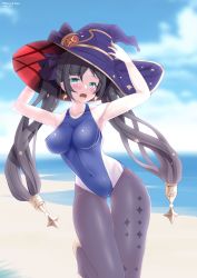 Rule 34 | 1girl, absurdres, aqua eyes, armpits, arms up, bare arms, bare shoulders, beach, black hair, black pantyhose, blush, breasts, collarbone, competition swimsuit, contrapposto, covered navel, cowboy shot, earrings, genshin impact, gluteal fold, gold footwear, hair between eyes, hat, highres, holding, holding clothes, holding hat, impossible clothes, impossible swimsuit, jewelry, large breasts, looking at viewer, mona (genshin impact), natsumiya yuzu, ocean, one-piece swimsuit, open mouth, pantyhose, pantyhose under swimsuit, sky, smile, solo, standing, standing on one leg, star (symbol), star earrings, star print, swimsuit, thick thighs, thigh gap, thighs, twintails, wide hips