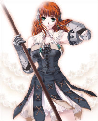 Rule 34 | 1girl, armor, armored dress, earrings, gloves, green eyes, jewelry, maronee san, md5 mismatch, nemuri, primiera, primiera (saga), pteruges, red hair, resolution mismatch, saga, saga frontier 2, solo, source larger, staff, white background