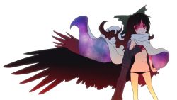 Rule 34 | 1girl, arm cannon, black panties, black wings, bow, cape, feathered wings, groin, hair bow, lowleg, lowleg panties, navel, no bra, panties, red eyes, reiuji utsuho, shaded face, simple background, smile, solo, third eye, touhou, underwear, weapon, white background, wings, yamadori seika