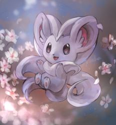 Rule 34 | :3, animal focus, artist name, black eyes, blank eyes, blurry, blurry foreground, cinccino, creatures (company), day walker1117, english text, flower, fluffy, full body, game freak, gen 5 pokemon, happy, highres, looking at viewer, nintendo, no humans, open mouth, pawpads, petals, pokemon, pokemon (creature), signature, smile, solo, white flower