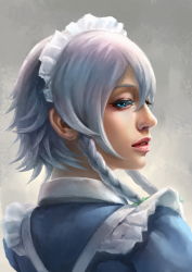 Rule 34 | 1girl, blue eyes, braid, eyelashes, from behind, grey background, hair ribbon, highres, izayoi sakuya, lips, looking at viewer, looking back, maid, maid headdress, nose, pandawei, parted lips, portrait, realistic, ribbon, short hair, short hair with long locks, sideways glance, silver hair, solo, touhou, twin braids