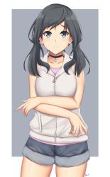 Rule 34 | 1girl, amano hina (tenki no ko), arcie albano, artist name, bare arms, bare shoulders, black choker, black hair, black shorts, blue eyes, border, choker, collarbone, commentary request, cowboy shot, crossed arms, grey background, highres, jacket, jewelry, looking at viewer, low twintails, medium hair, pendant, purple shirt, shirt, shorts, signature, simple background, sleeveless, sleeveless jacket, sleeveless shirt, smile, solo, standing, tenki no ko, twintails, white border, white jacket