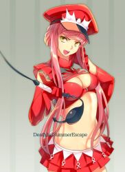 Rule 34 | 1girl, bare shoulders, blush, bra, breasts, cleavage, cleavage cutout, clothing cutout, echo (circa), elbow gloves, fate/grand order, fate (series), gloves, hat, long hair, looking at viewer, medb (alluring chief warden look) (fate), medb (fate), medium breasts, midriff, miniskirt, navel, open mouth, peaked cap, pink hair, red bra, red gloves, red hat, red skirt, sidelocks, skirt, smile, solo, tiara, underwear, yellow eyes