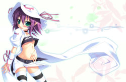 Rule 34 | 1girl, :p, choker, female focus, green eyes, hat, merry nightmare, midriff, navel, panties, pointy ears, purple hair, ribbon, short hair, solo, striped clothes, striped panties, striped thighhighs, tachibana surimu, thighhighs, tongue, tongue out, underwear, white background, yumekui merry