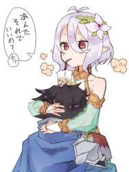 Rule 34 | 1boy, 1girl, antenna hair, black hair, blue cape, blush, bubble tea, cape, closed mouth, cup, detached sleeves, disposable cup, drinking straw, drinking straw in mouth, flower, green sleeves, grey hair, hair between eyes, hair flower, hair ornament, head on chest, hug, kokkoro (princess connect!), pointy ears, princess connect!, red eyes, sho bu 1116, simple background, translation request, white flower, yuuki (princess connect!)