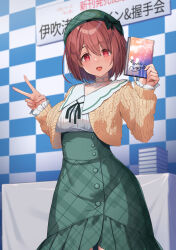Rule 34 | 1girl, :d, akino komichi, beret, book, breasts, brown hair, commentary request, green headwear, green skirt, hat, highres, holding, holding book, ibuki nagisa, idoly pride, large breasts, long sleeves, looking at viewer, open mouth, plaid, plaid headwear, plaid skirt, red eyes, shirt, short hair, skirt, smile, sweater, v, white shirt, yellow sweater