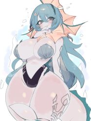 Rule 34 | 1girl, bare arms, bare legs, blue hair, blue skin, blush, breasts, cleavage, colored skin, creatures (company), fangs, fins, fish girl, fish tail, furry, furry female, game freak, gen 1 pokemon, green eyes, hair ornament, hairclip, head fins, highres, huge breasts, inner sideboob, long hair, looking to the side, nintendo, pokemon, pokemon (creature), seashell, shell, tail, tattoo, thick thighs, thighs, tongue, tongue out, underboob, usa37107692, vaporeon, white skin, wide hips