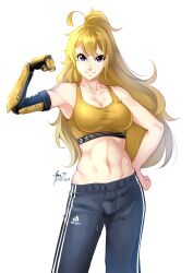 Rule 34 | 1girl, abs, absurdres, blonde hair, breasts, cleavage, hand on own hip, highres, large breasts, lulu-chan92, mechanical arms, midriff, pants, purple eyes, rwby, single mechanical arm, smile, sports bra, track pants, yang xiao long, yellow sports bra